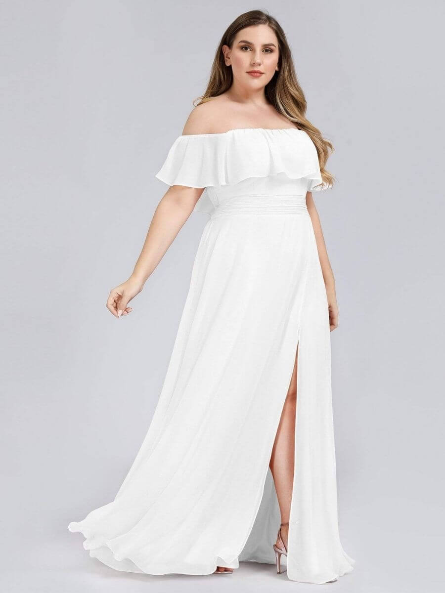 ey0969 plus size off shoulder chiffon white long evening gown with slit eternally yours