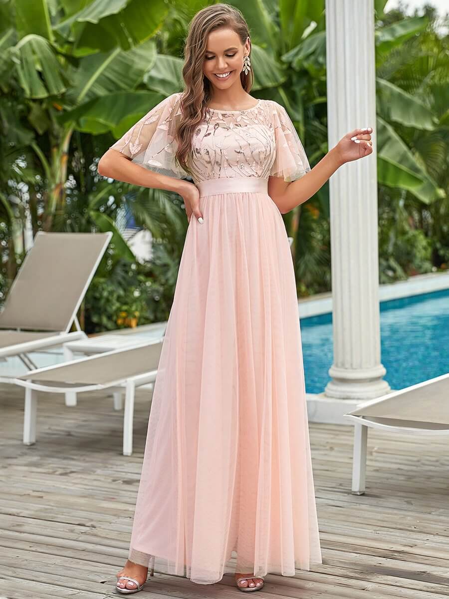 ey0904pk pink long chiffon evening gown with soft sleeves eternally yours