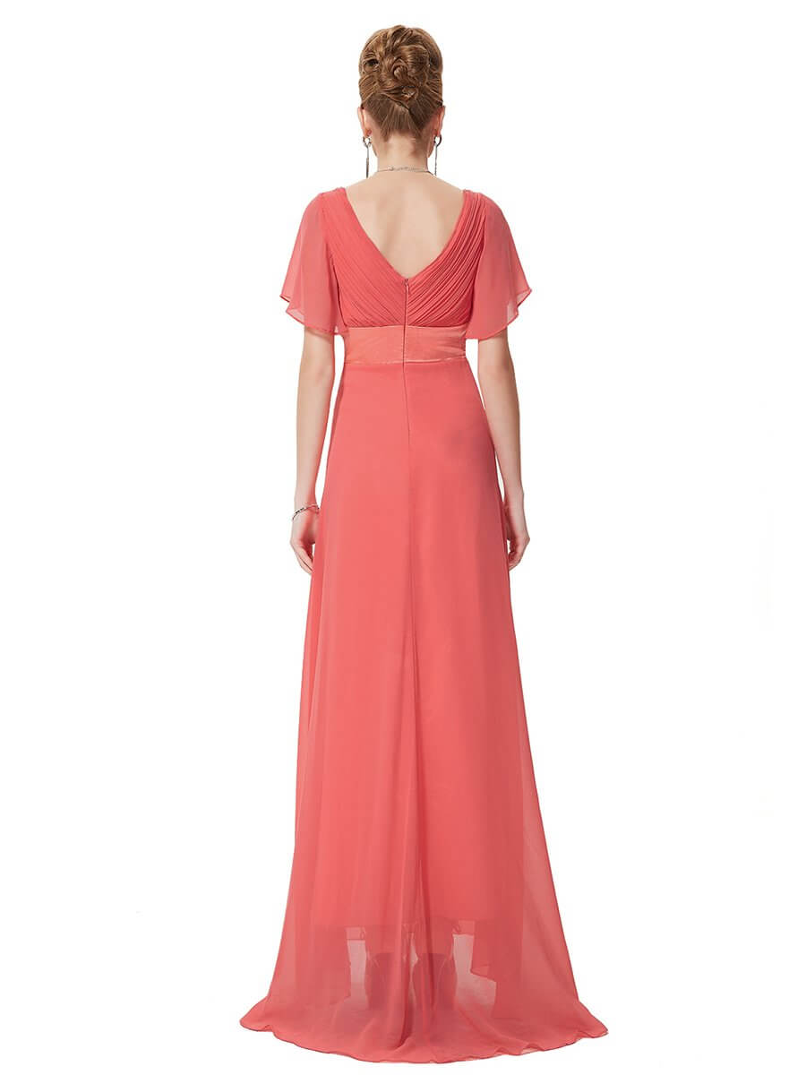 ey9890co coral chiffon long evening gown with soft sleeves eternally yours