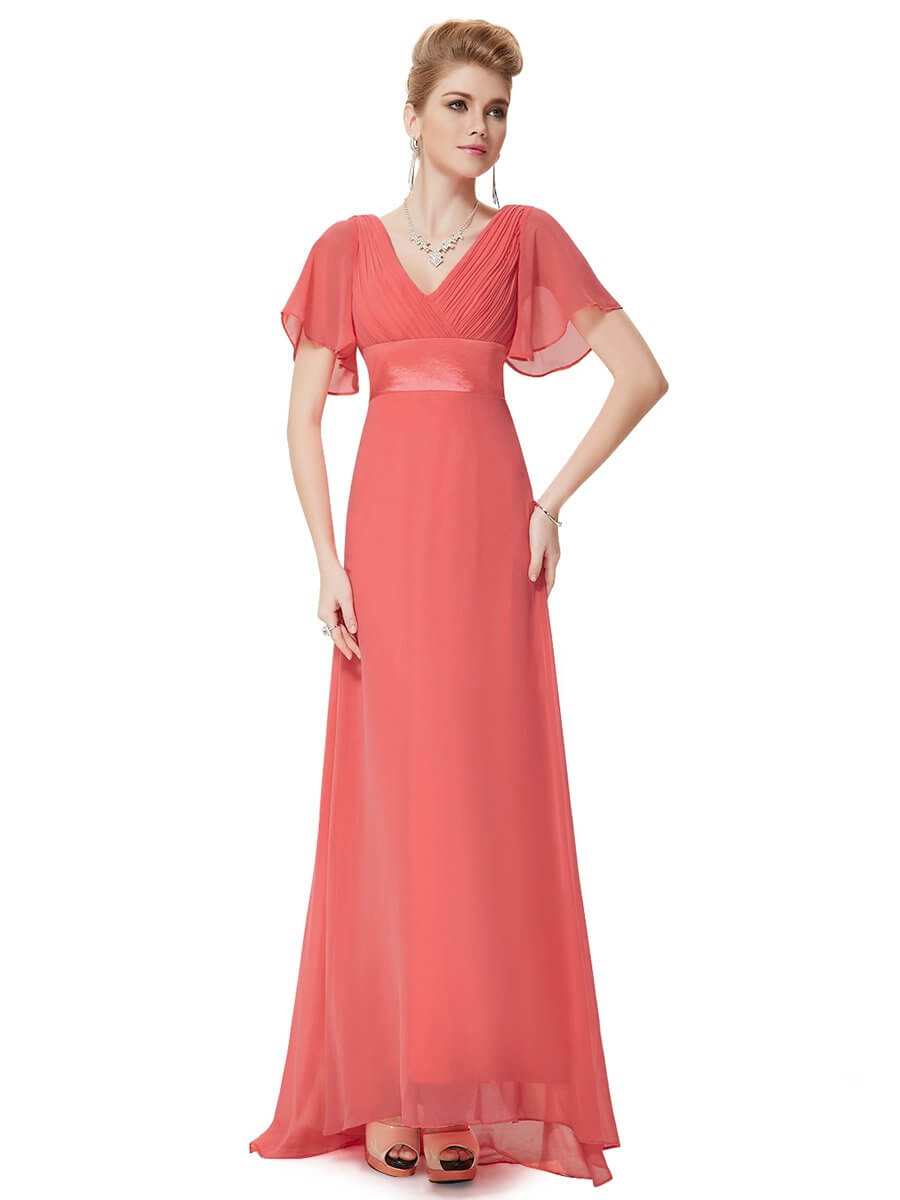 ey9890co coral chiffon long evening gown with soft sleeves eternally yours