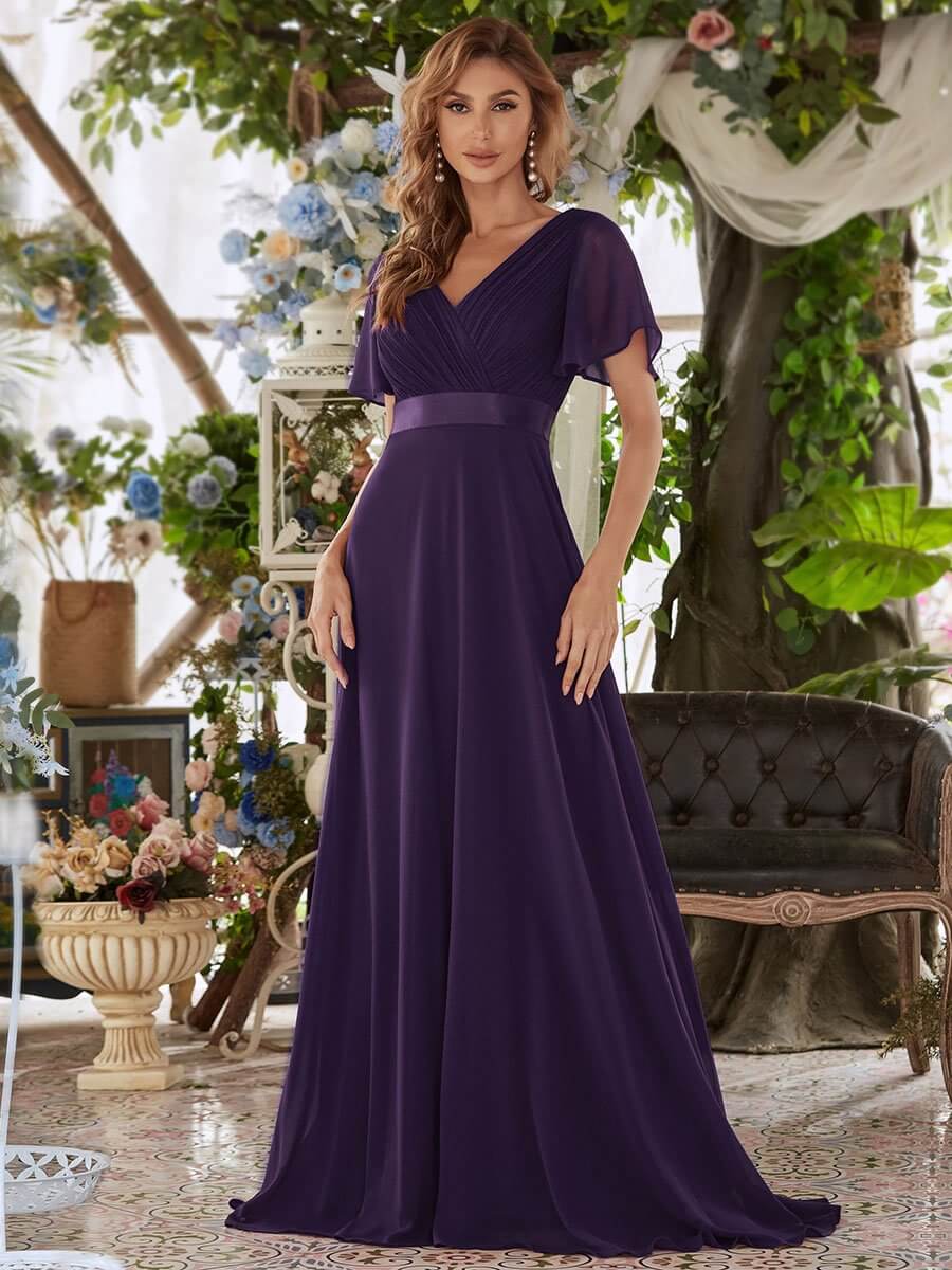 ey9890dp purple chiffon long evening gown with soft sleeves eternally yours