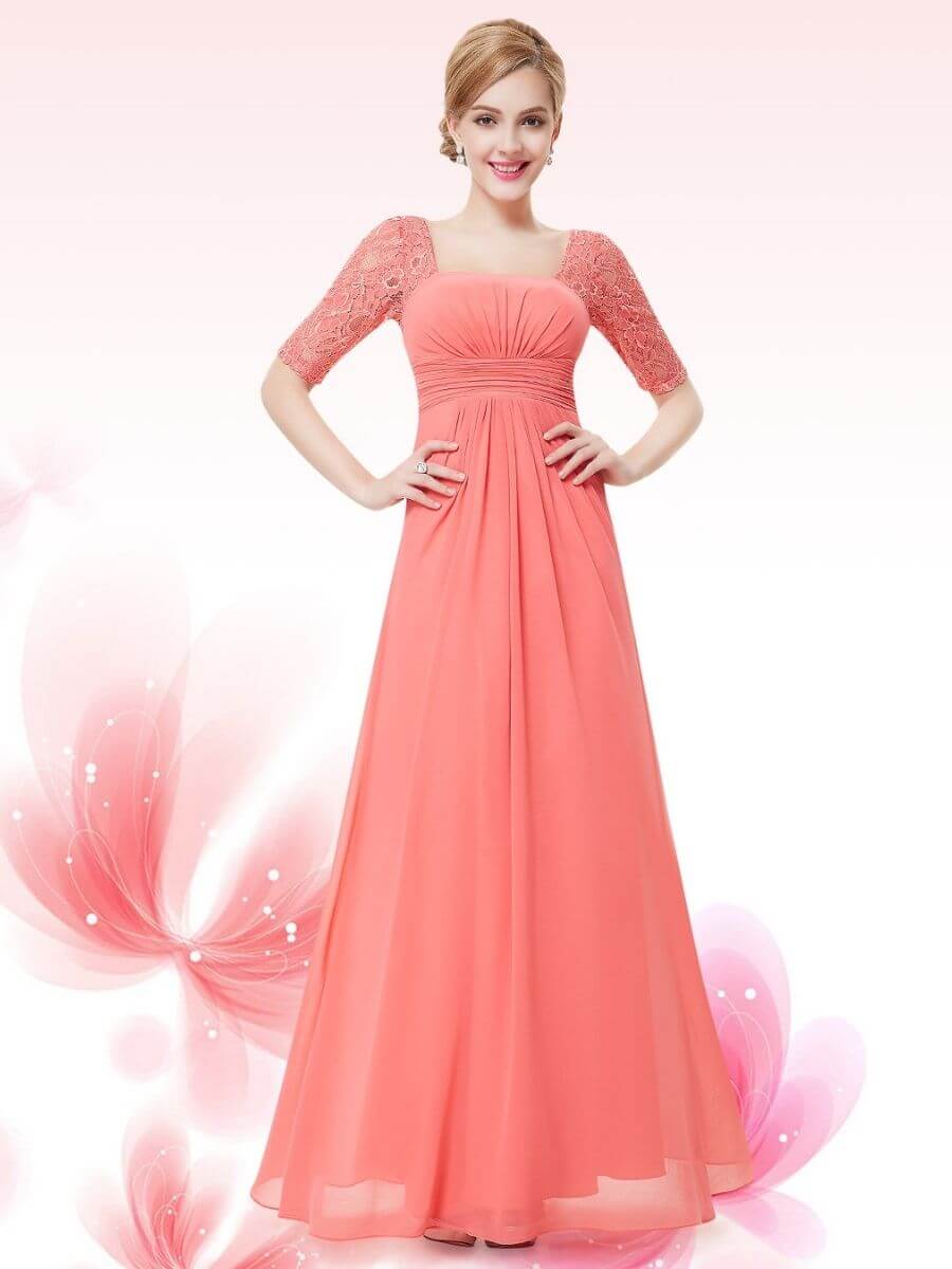 ey8038-co coral long evening gown with lace sleeves
