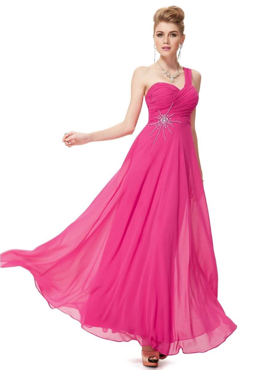 ey8077hp one shoulder hot pink long evening gown with beading detail