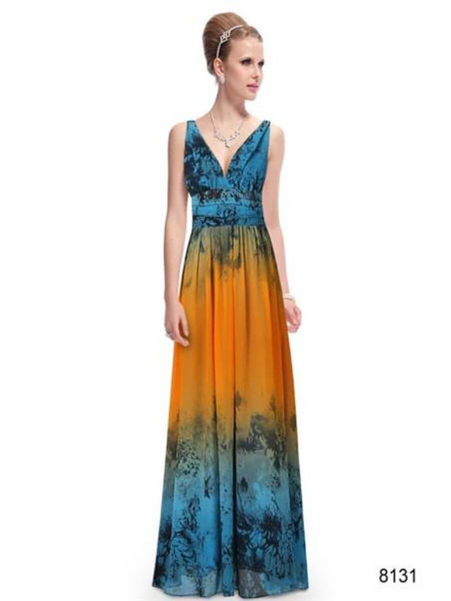 ey8131 orange and blue print ombre long evening gown