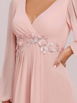 ey0461bd pink long sleeve long evening gown with waist detail eternally yours