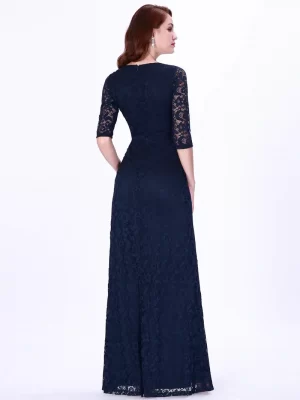 ey7682nb lace navy blue long evening gown with three quarter sleeves eternally yours