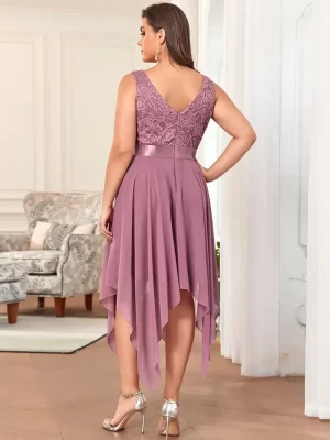 ey0207pk pink chiffon plus size short evening gown with lace bodice eternally yours