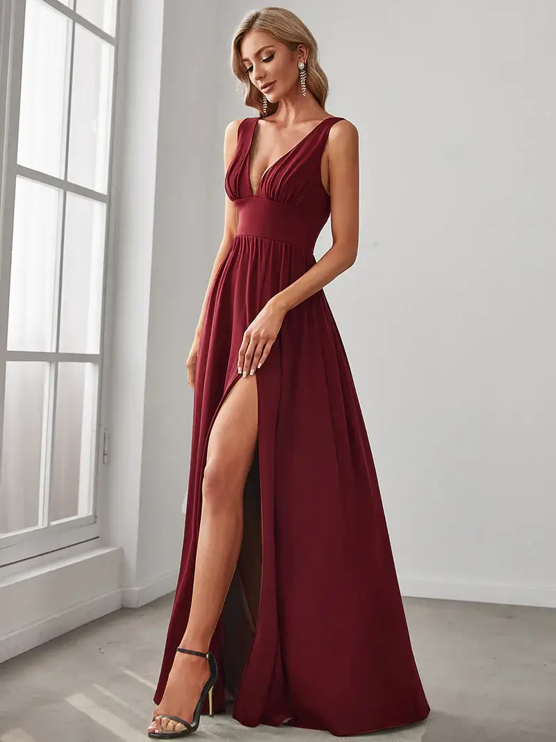ey0168bbd high waisted burgundy long evening gown with thigh high slit eternally yours
