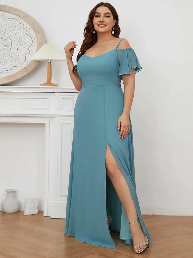 ey0237 soft ruffle off shoulder dusty blue long evening gown with slit eternally yours