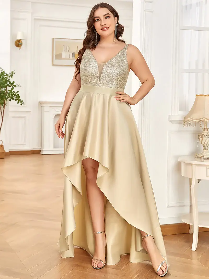 ey0667bd sequins and satin gold high low evening gown eternally yours