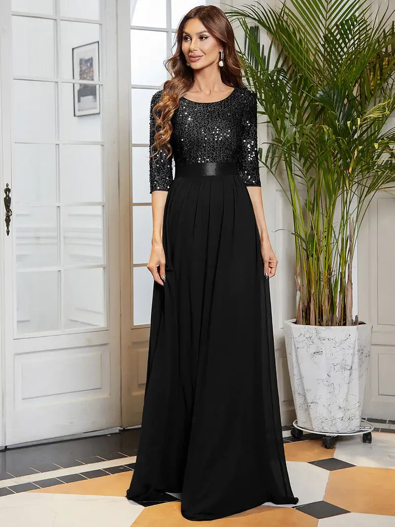 ey0685bd three quarter sleeve sequin bodice black long evening gown with chiffon skirt eternally yours