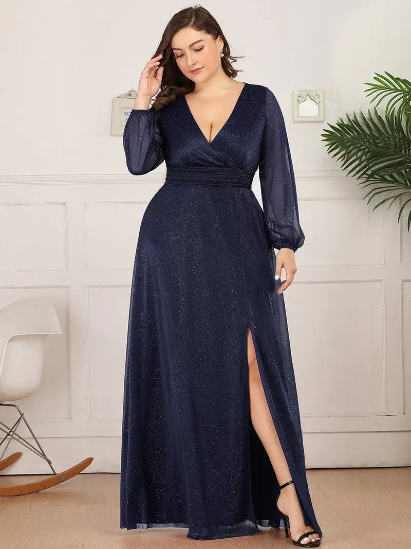 ey0739dg glittery long sleeve navy long evening gown with slit eternally yours