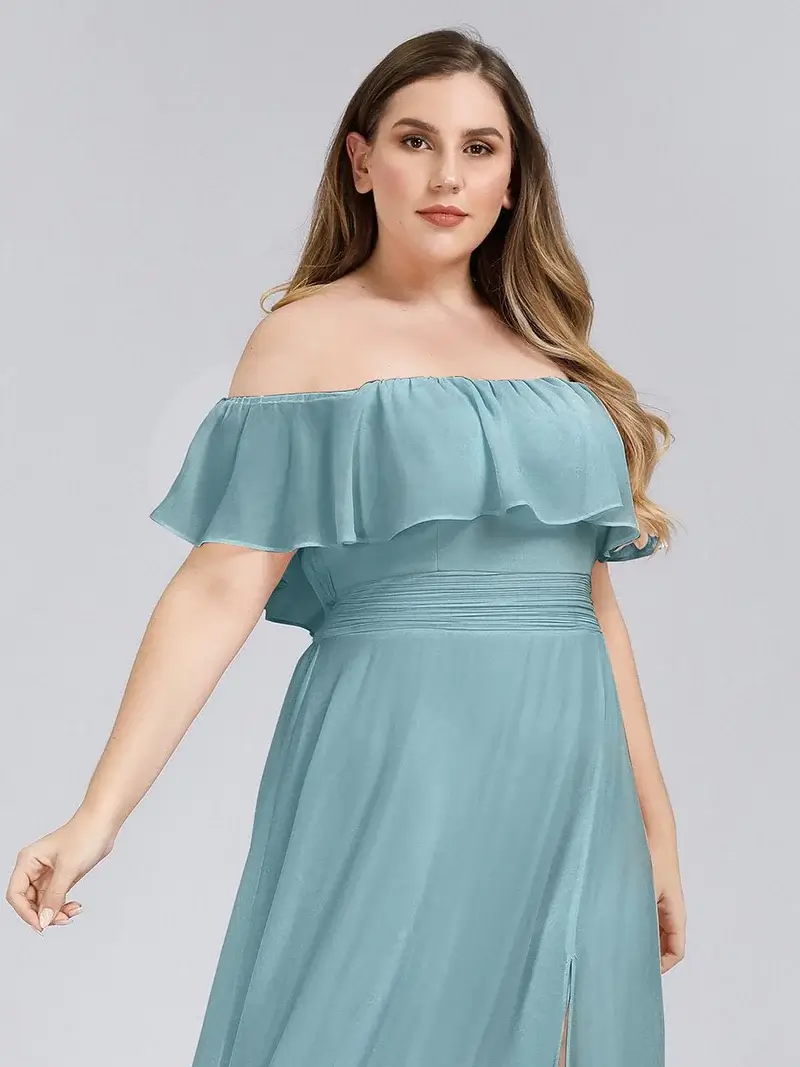 ey0968 plus size off shoulder chiffon dusty blue long evening gown with slit eternally yours