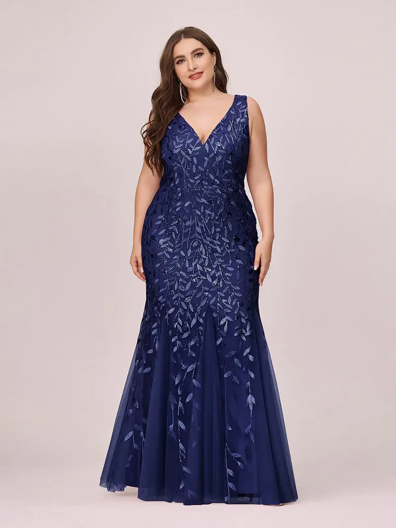 ey7886 plus size sequins leaf design navy blue fitted evening gown eternally yours