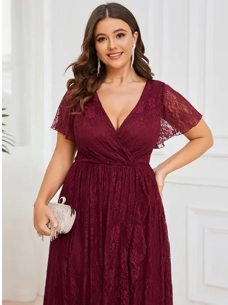 ey1489 burgundy 2 plus size lace evening gown with sleeves eternally yours