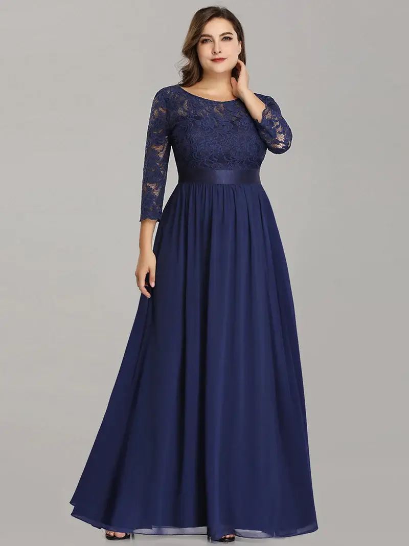 ey7412 navy blue plus size evening gown with lace bodice three quarter sleeves and chiffon skirt eternally yours