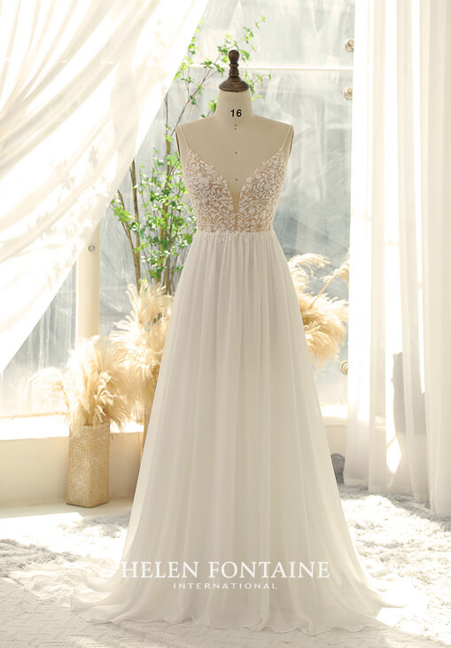 HFW4358-4 helen fontaine boho chiffon wedding gown with beaded lace bodice eternally yours