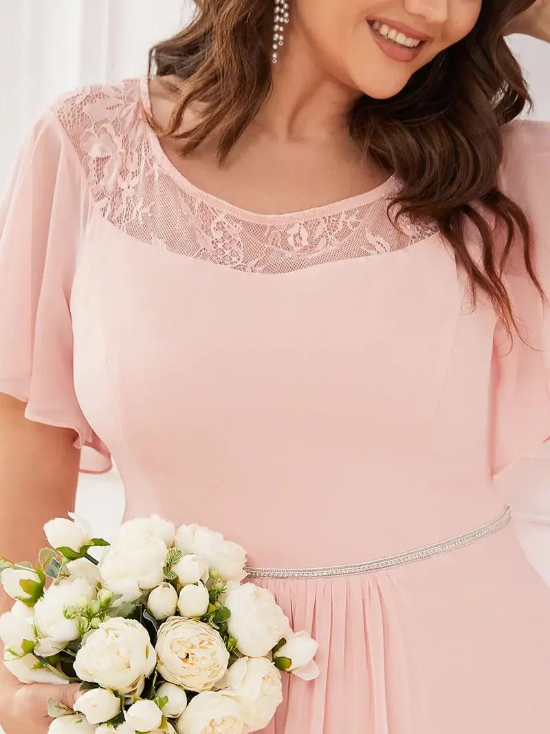ey0465 pink chiffon tea length plus size evening gown with lace detail and flutter sleeves eternally yours