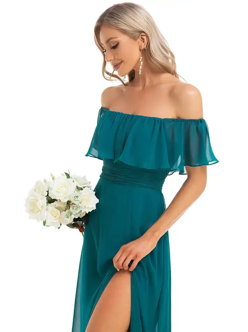 ey0969 teal chiffon off shoulder long evening gown with slit eternally yours