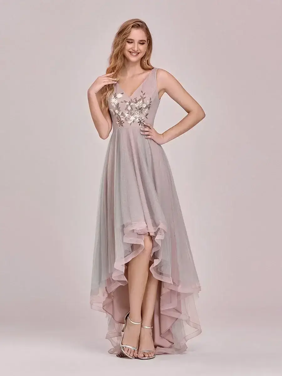 ey0316 pink and grey high low tulle evening gown appliques on the bodice eternally yours
