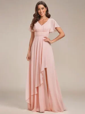 ey1809 pink chiffon long evening gown with slit and ruffle sleeves eternally yours