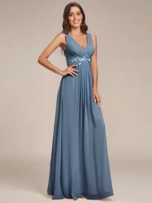 ey1821 dusty navy sleeveless chiffon long evening gown with appliques eternally yours