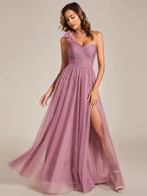 ey1911 pink purple orchid tulle one shoulder long evening gown eternally yours