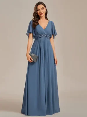 ey1960 dusty navy long evening gown with appliques and flutter sleeves eternally yours