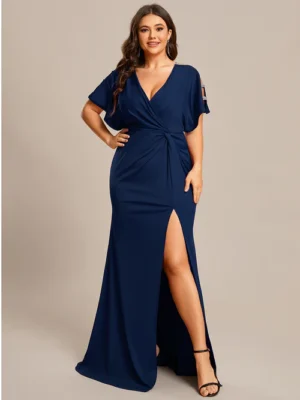 ey1777 navy blue fitted plus size long evening gown with slit eternally yours