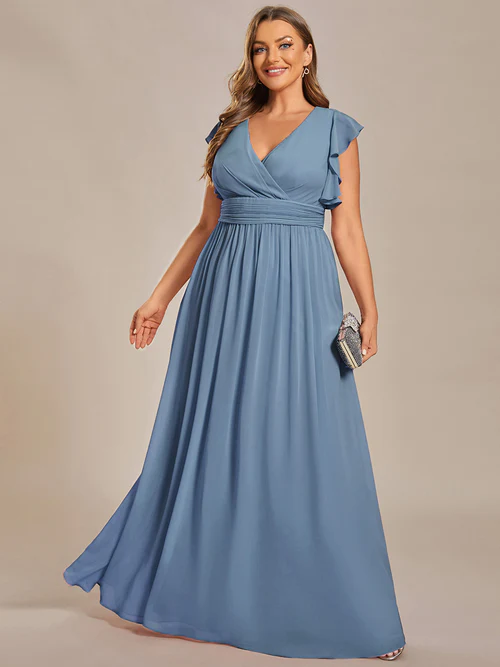 ey1819 dusty navy blue plus size chiffon long evening gown with flutter sleeves eternally yours