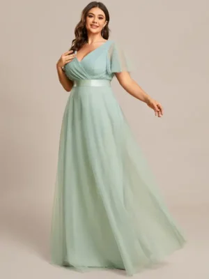ey7962 mint green plus size a-line long evening gown with tulle and ruffle sleeves eternally yours