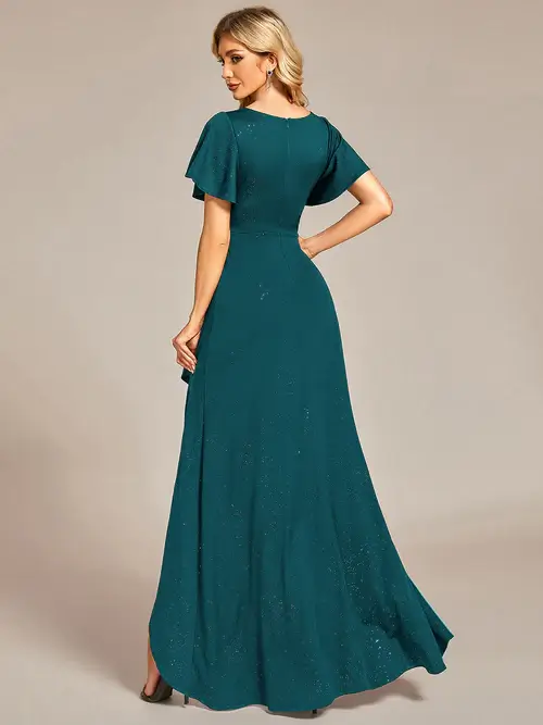 ey1738 teal tea length glitter short evening gown with ruffle sleeves eternally yours