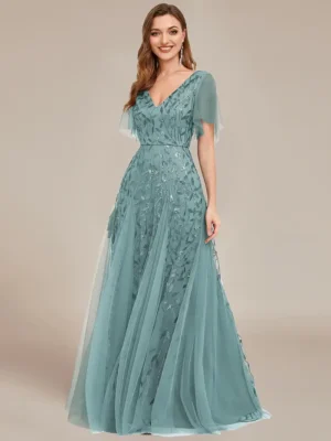 ey0736 dusty blue sequins aline long evening gown with ruffle sleeves eternally yours