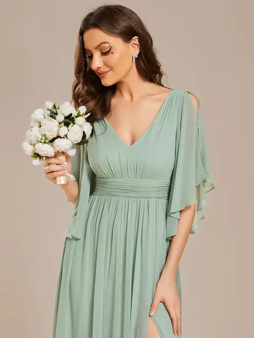 ey1886 mint sage green chiffon long evening gown with sleeves and slit eternally yours
