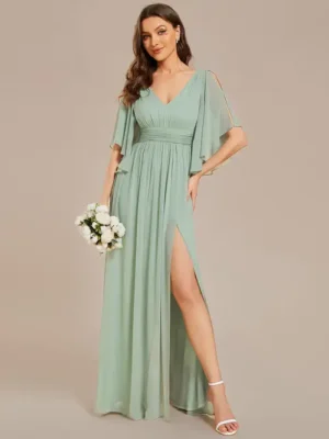 ey1886 mint sage green chiffon long evening gown with sleeves and slit eternally yours