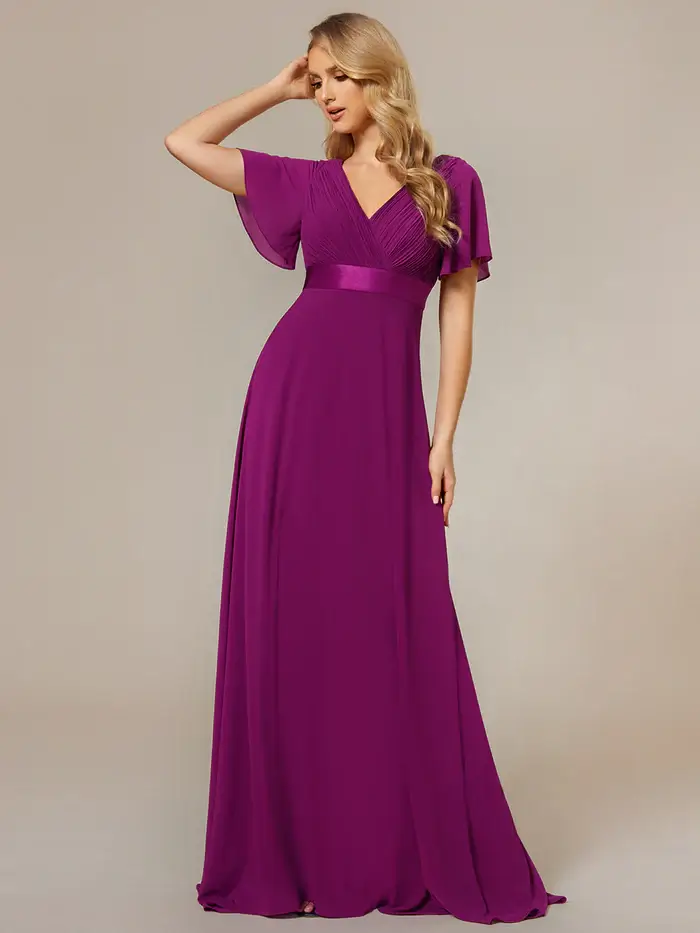 ey9890 fuchsia purple pink chiffon a-line long evening gown with ruffle sleeves eternally yours