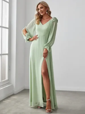 ey80116 sage chiffon long evening gown with long sleeves and slit eternally yours