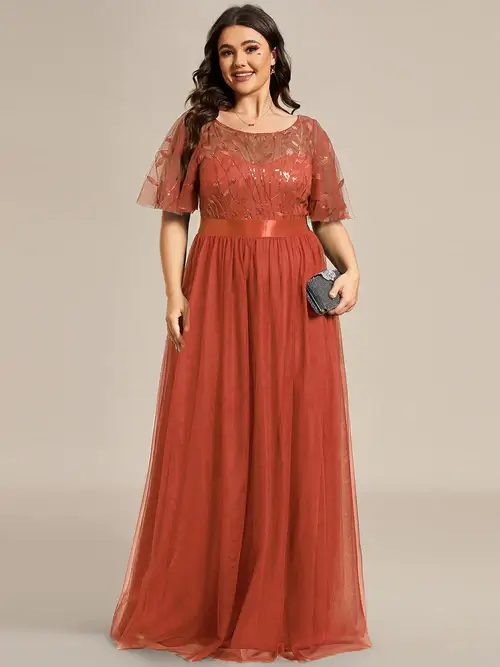 ey0904 burnt orange rust plus size sequins and tulle long evening gown eternally yours