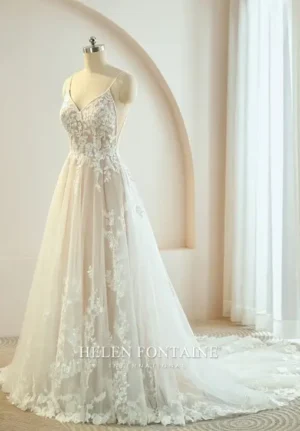 EY3526HF-1 HELEN FONTAINE A-LINE WEDDING GOWN WITH SEQUINED LACE AND BEADED SPAGHETTIS ETERNALLY YOURS