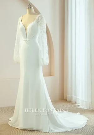 EY4168-1 HELEN FONTAINE CHIFFON WEDDING GOWN WITH BEADED BISHOP SLEEVES ETERNALLY YOURS