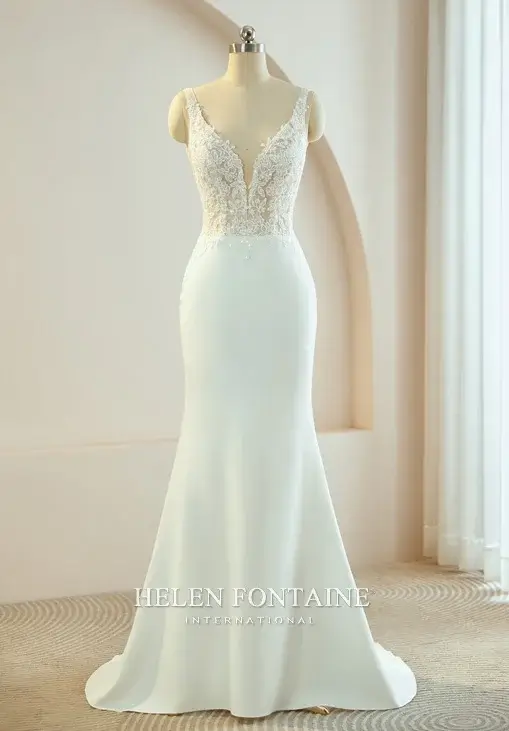 EY4169-1 HELEN FONTAINE MERMAID CREPE WEDDING GOWN WITH PLUNGING V-NECK AND DELICATE LACE ETERNALLY YOURS