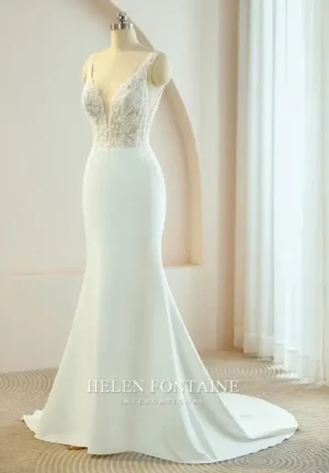 EY4169-1 HELEN FONTAINE MERMAID CREPE WEDDING GOWN WITH PLUNGING V-NECK AND DELICATE LACE ETERNALLY YOURS