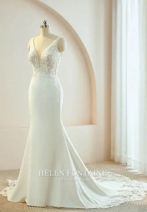 EY4175-1 HELEN FONTAINE CREPE MERMAID WEDDING GOWN FEATURING EXTRAVAGANT DETACHABLE SLEEVES ETERNALLY YOURS
