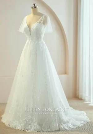EY4449-1 HELEN FONTAINE A-LINE FLORAL WEDDING GOWN WITH FLOUNCE TULLE SLEEVES ETERNALLY YOURS