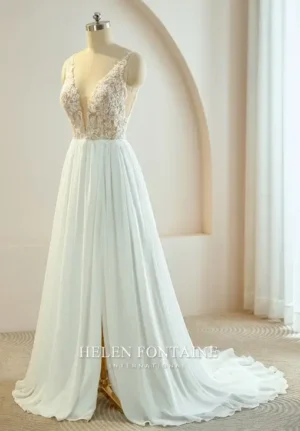 EY4454-1 HELEN FONTAINE CHIFFON WEDDING GOWNS WITH BEADED LACE TOP AND SLIT ETERNALLY YOURS