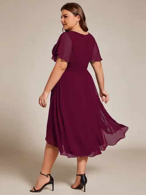 ey2053 burgundy chiffon short evening gown with ruffle sleeves eternally yours