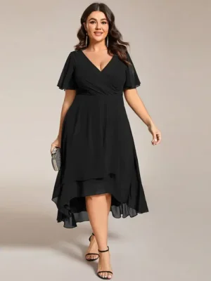 ey2084 black chiffon short evening gown with ruffle sleeves eternally yours