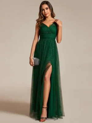 ey0014 green shimmer aline long evening gown with slit eternally yours