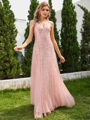 ey0045 pink sequins and tulle aline long evening gown eternally yours
