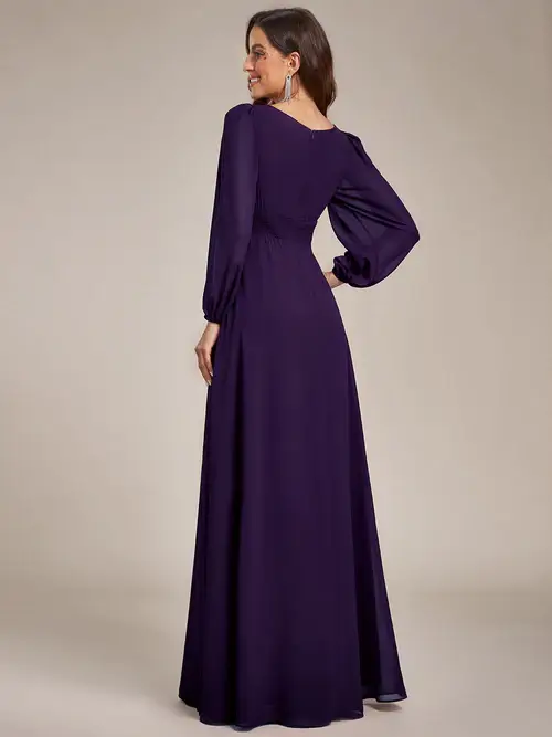 ey0106b purple chiffon long evening gown with lantern sleeves eternally yours